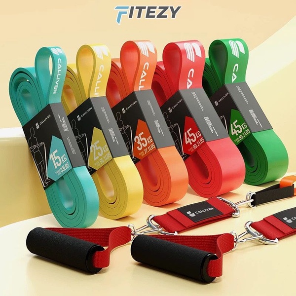 This creative showcases five resistance bands in varying weights and colors, arranged alongside handles to communicate the complete training system.
